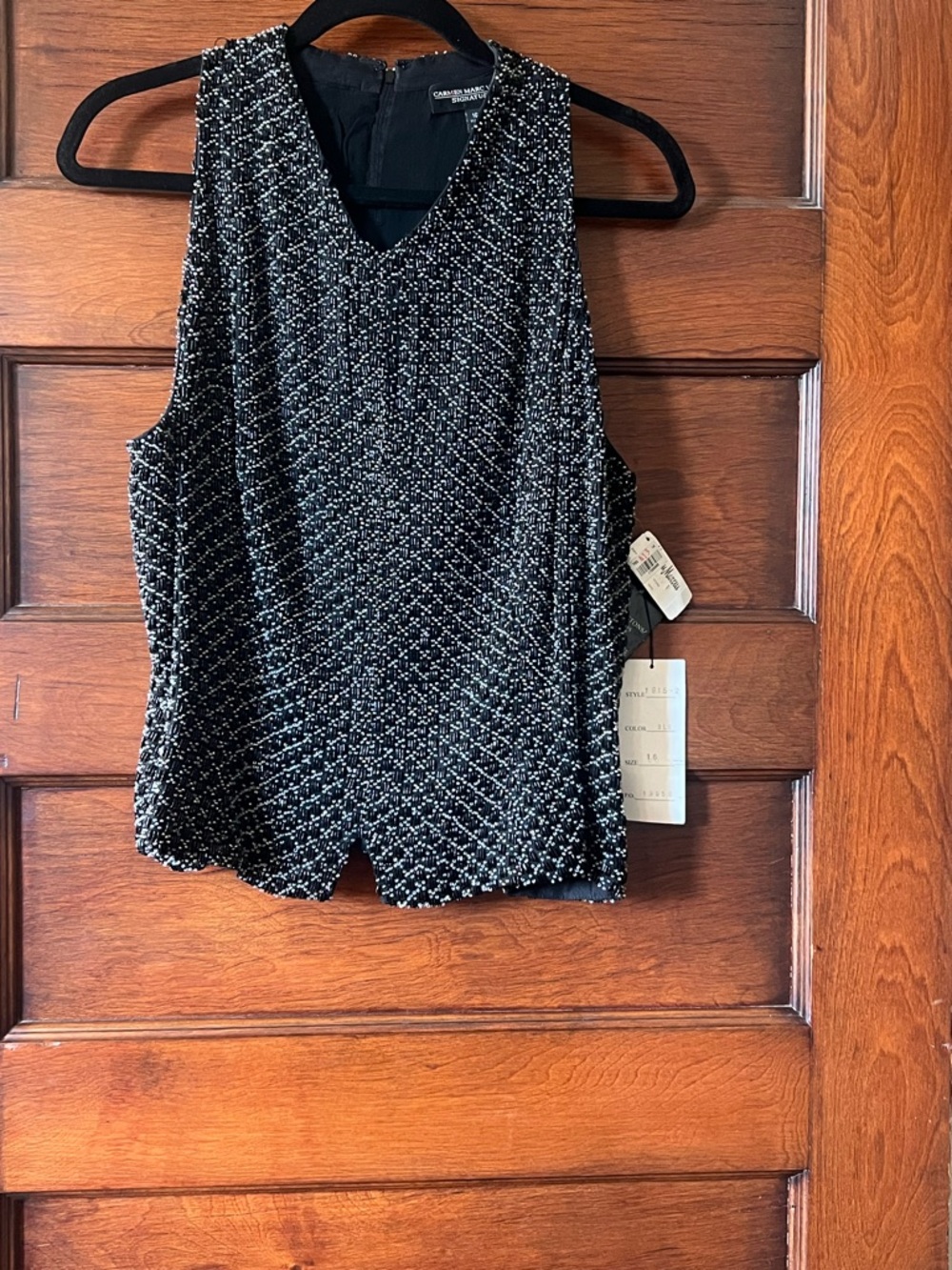 Carmen Marc Valvo Beaded Black V-Neck Top